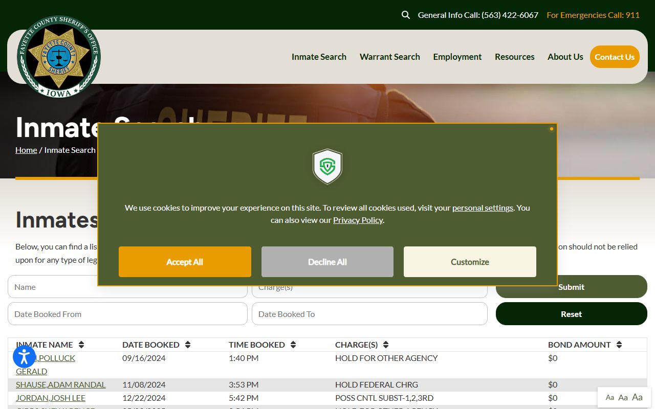 Fayette County jail roster search and inmate population fields